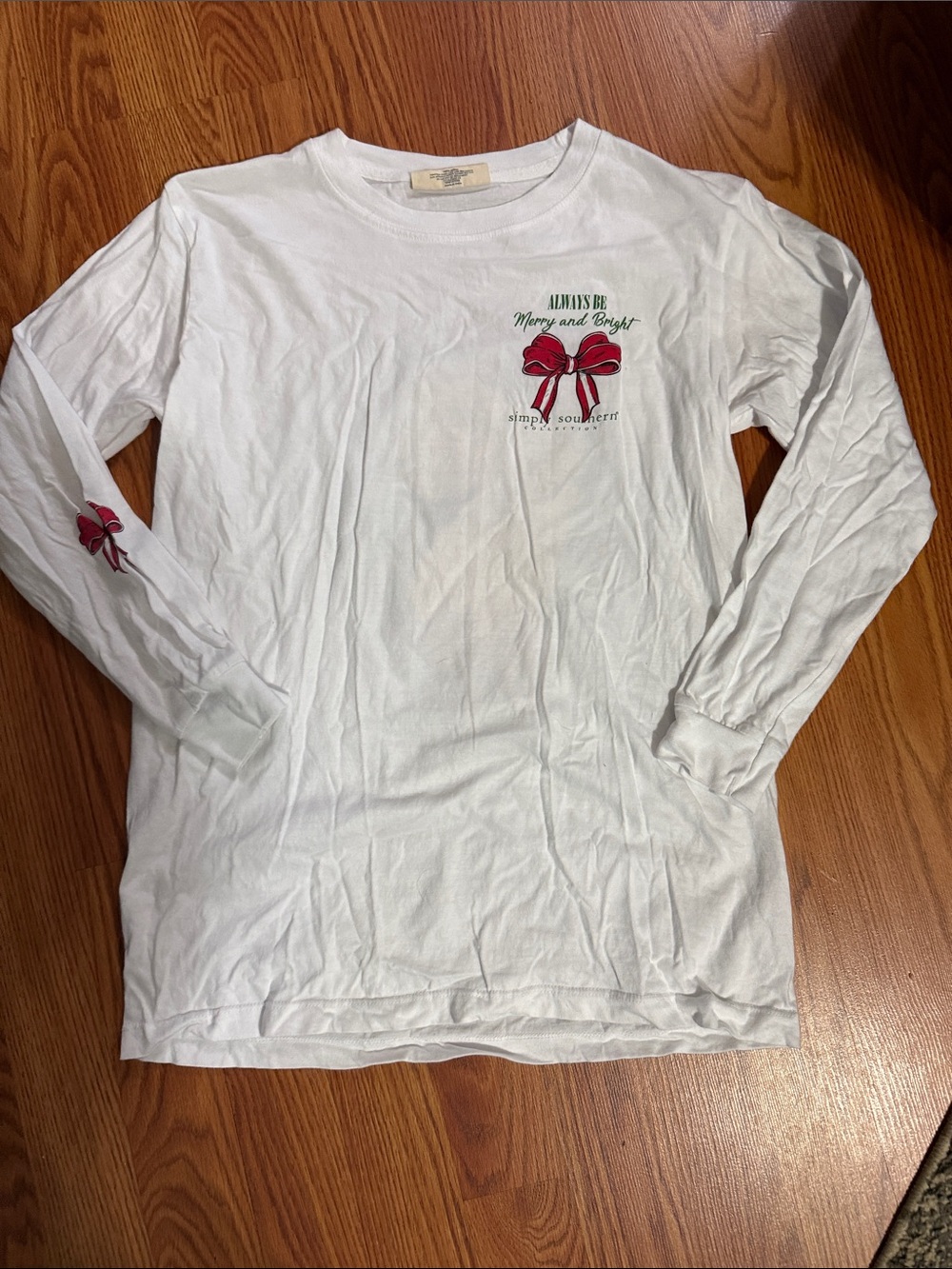 Simply Southern White Long Sleeve Tee with Red Bow Graphic Christmas vibe